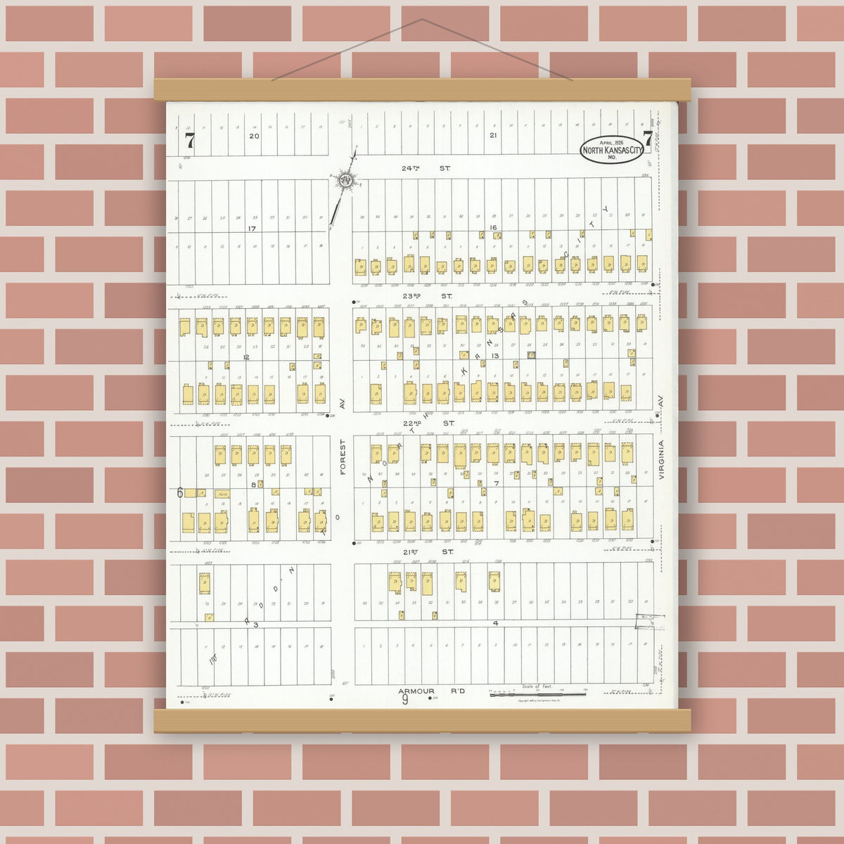 Old map wall art mockup — magnetic wood frame on brick wall — Sanborn Fire Insurance Map from North Kansas City, Clay County, Missouri (1926), Sheet #0007