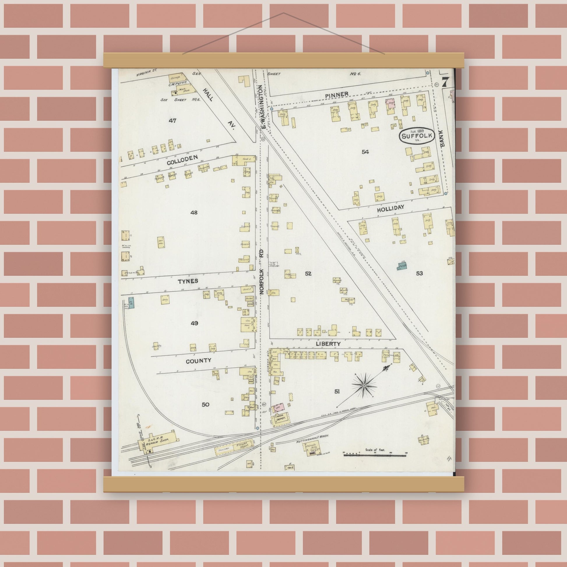 Old map wall art mockup — magnetic wood frame on brick wall — Sanborn Fire Insurance Map from Suffolk, Independent Cities, Virginia (1889), Sheet #0007