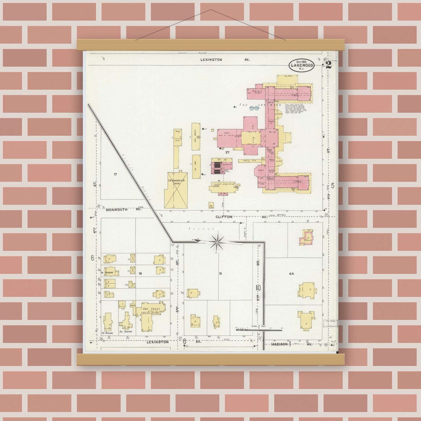 Old map wall art mockup — magnetic wood frame on brick wall — Sanborn Fire Insurance Map from Lakewood, Ocean County, New Jersey (1905), Sheet #0002