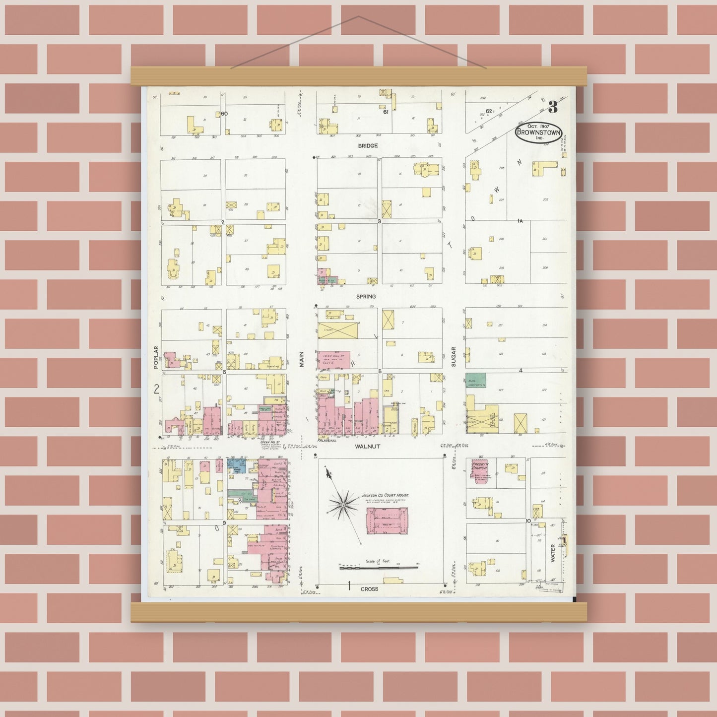 Old map wall art mockup — magnetic wood frame on brick wall — Sanborn Fire Insurance Map from Brownstown, Jackson County, Indiana (1907), Sheet #0003