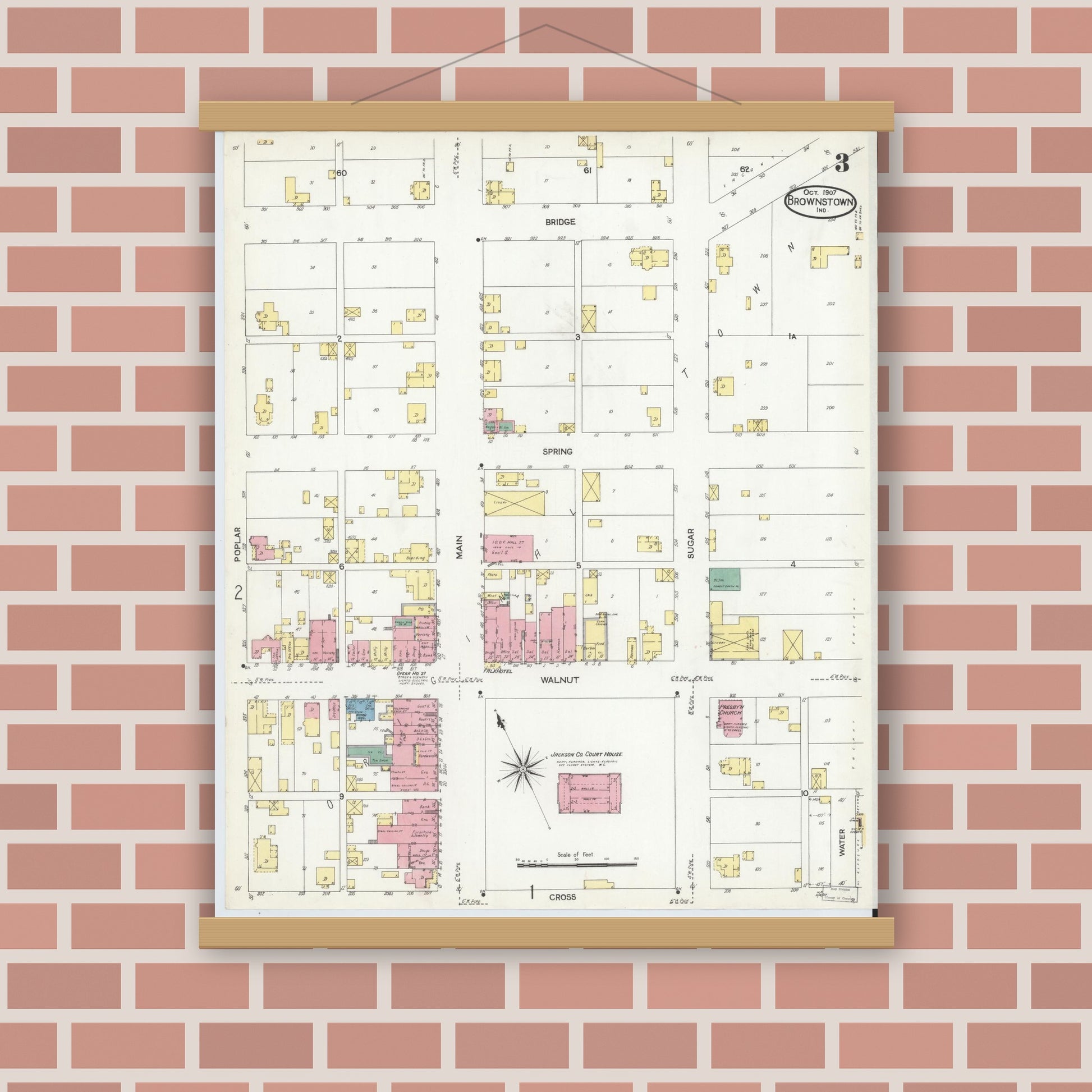 Old map wall art mockup — magnetic wood frame on brick wall — Sanborn Fire Insurance Map from Brownstown, Jackson County, Indiana (1907), Sheet #0003