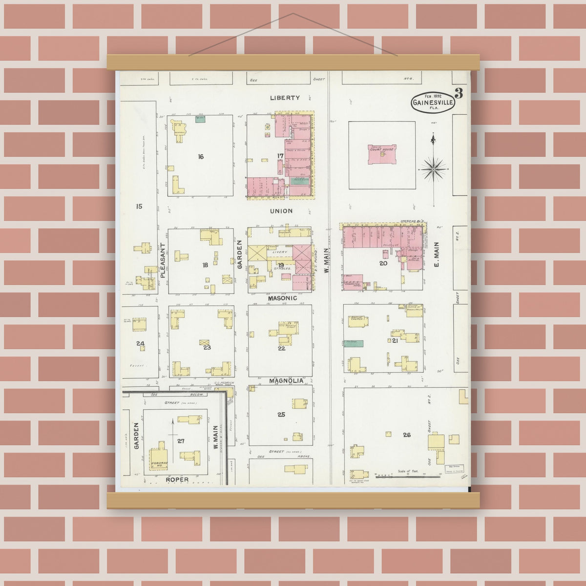 Old map wall art mockup — magnetic wood frame on brick wall — Sanborn Fire Insurance Map from Gainesville, Alachua County, Florida (1892), Sheet #0003