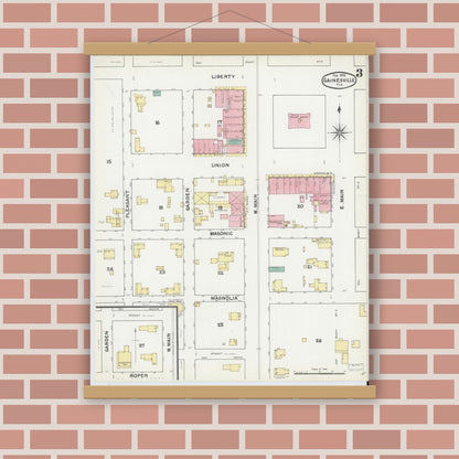 Old map wall art mockup — magnetic wood frame on brick wall — Sanborn Fire Insurance Map from Gainesville, Alachua County, Florida (1892), Sheet #0003