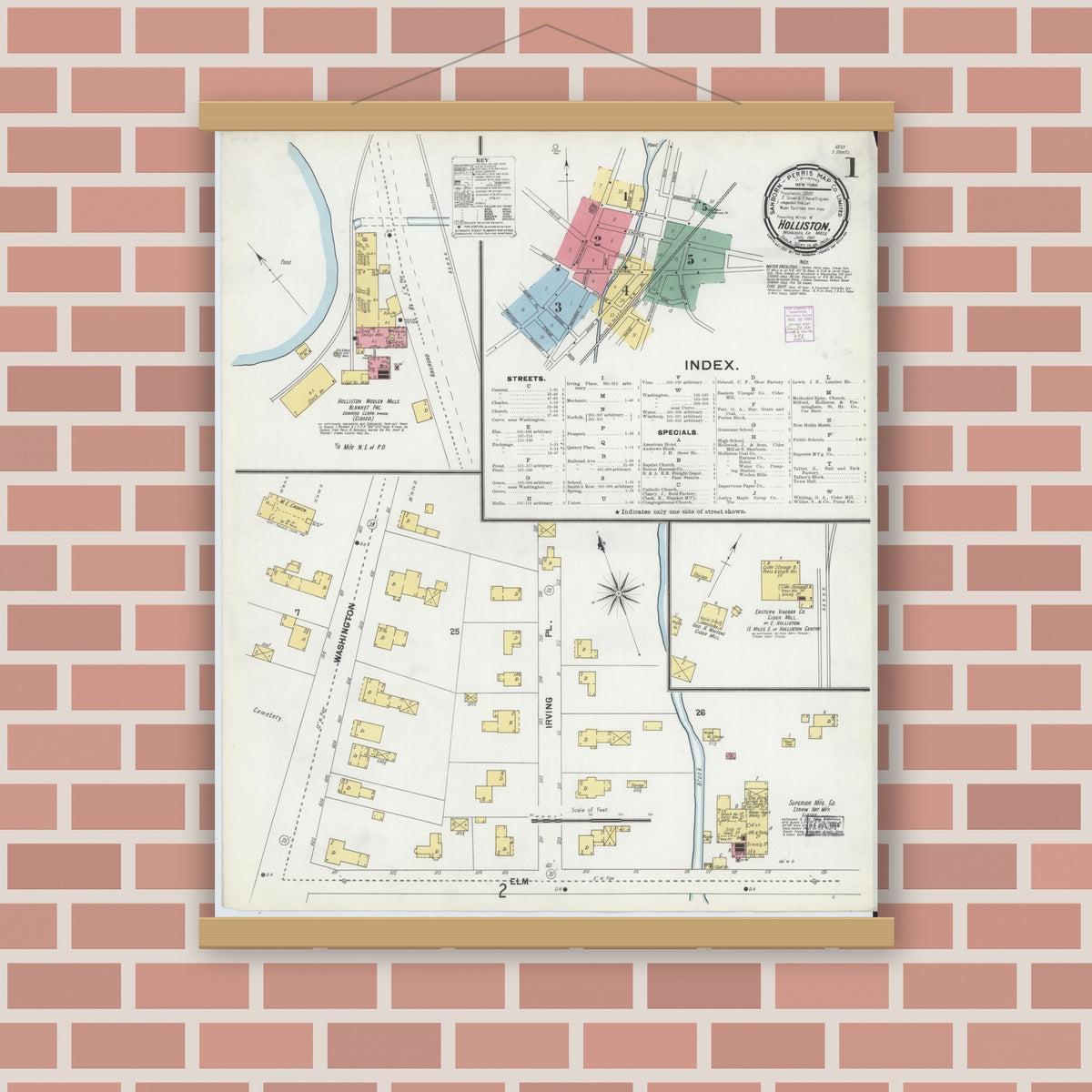 Old map wall art mockup — magnetic wood frame on brick wall — Sanborn Fire Insurance Map from Holliston, Middlesex County, Massachusetts (1901) - Complete Map Set