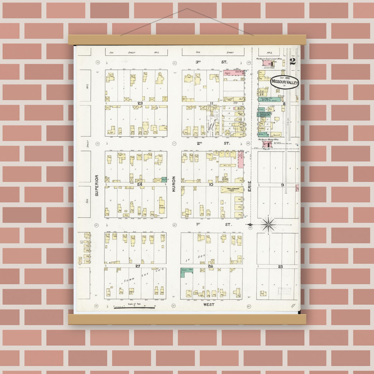 Old map wall art mockup — magnetic wood frame on brick wall — Sanborn Fire Insurance Map from Missouri Valley, Harrison County, Iowa (1890), Sheet #0002