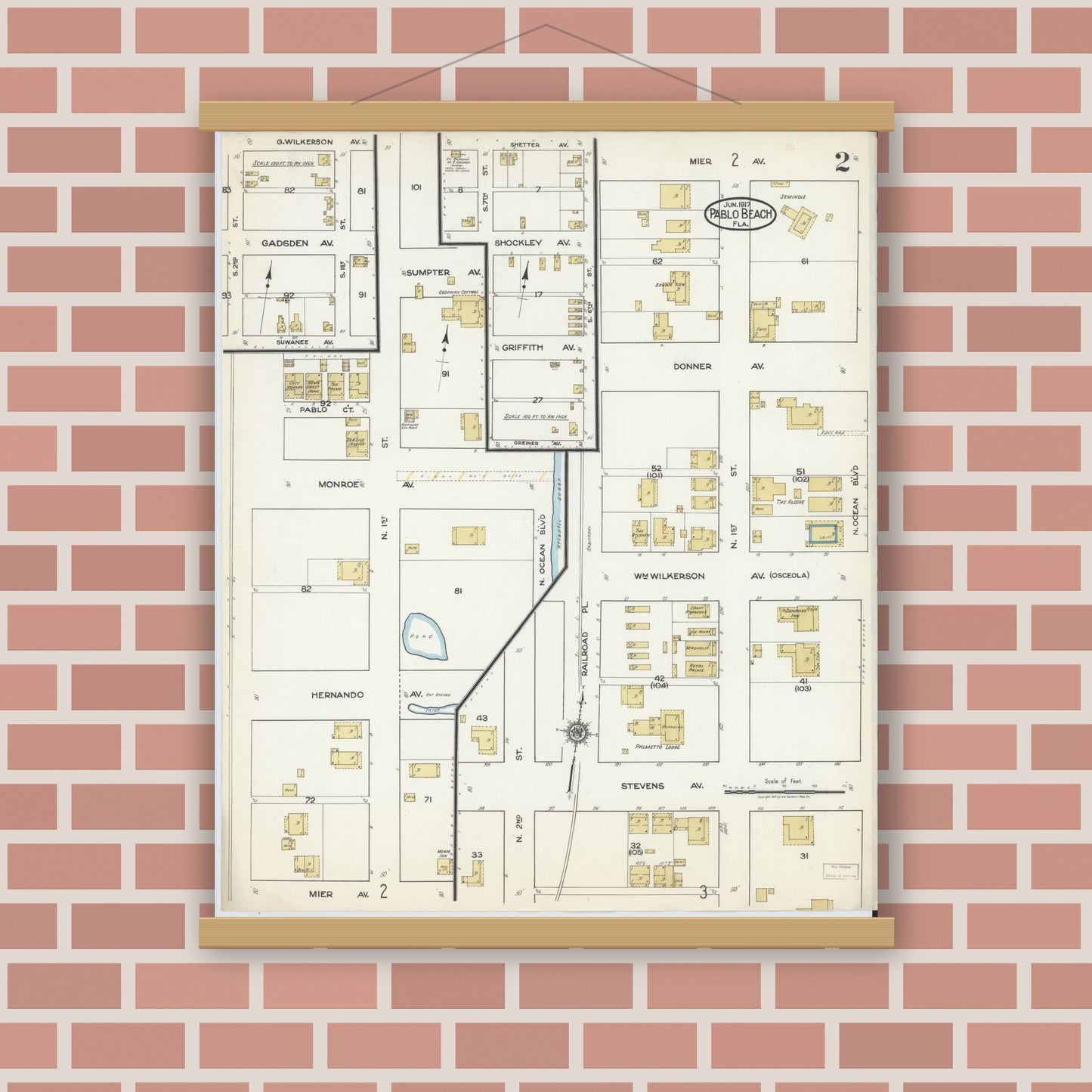 Old map wall art mockup — magnetic wood frame on brick wall — Sanborn Fire Insurance Map from Pablo Beach, Duval County, Florida (1917), Sheet #0002