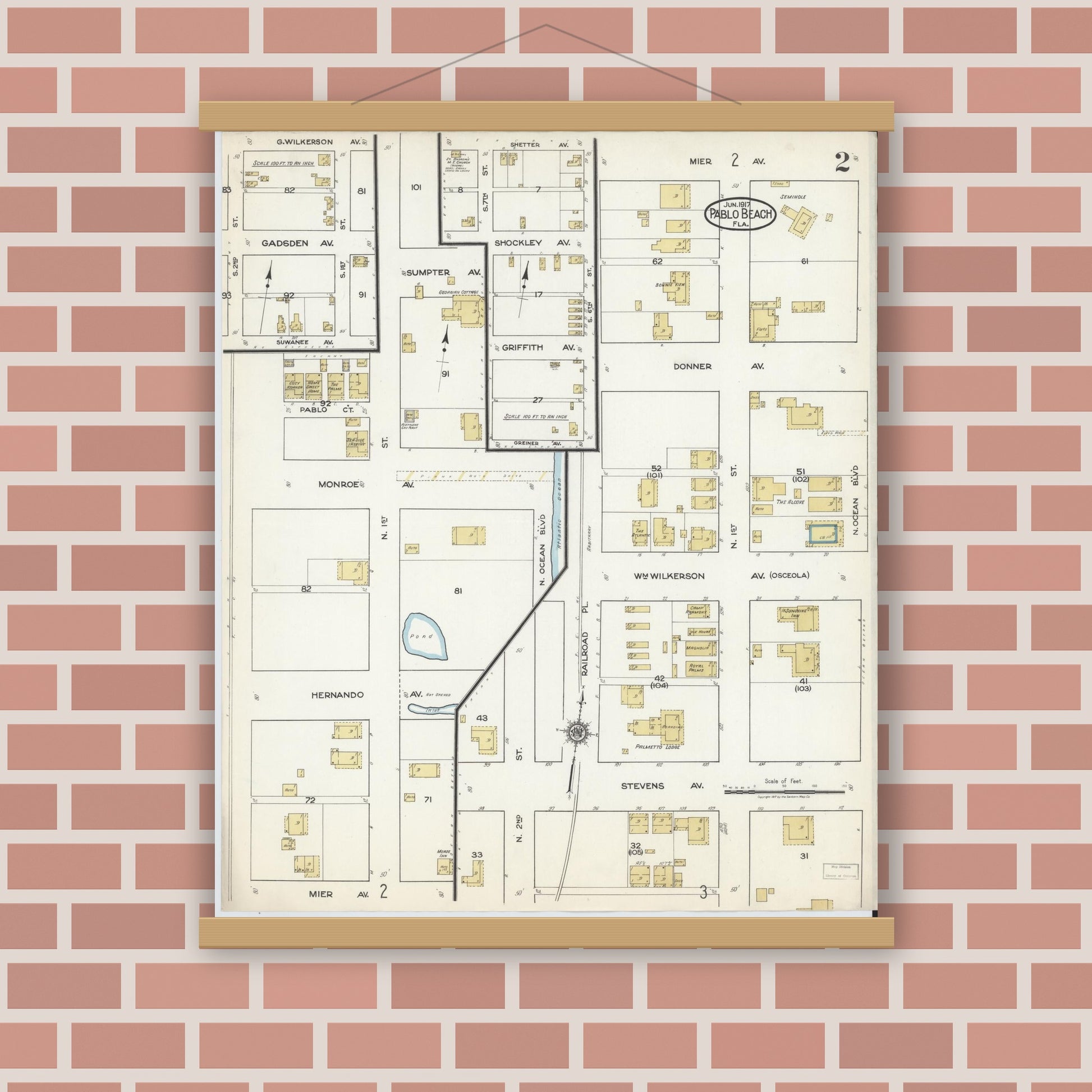 Old map wall art mockup — magnetic wood frame on brick wall — Sanborn Fire Insurance Map from Pablo Beach, Duval County, Florida (1917), Sheet #0002