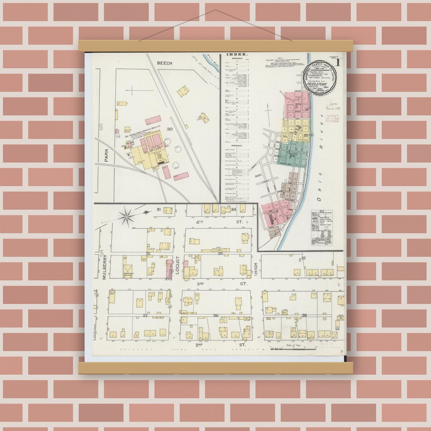 Old map wall art mockup — magnetic wood frame on brick wall — Sanborn Fire Insurance Map from Middleport, Meigs County, Ohio (1893), Sheet #0001