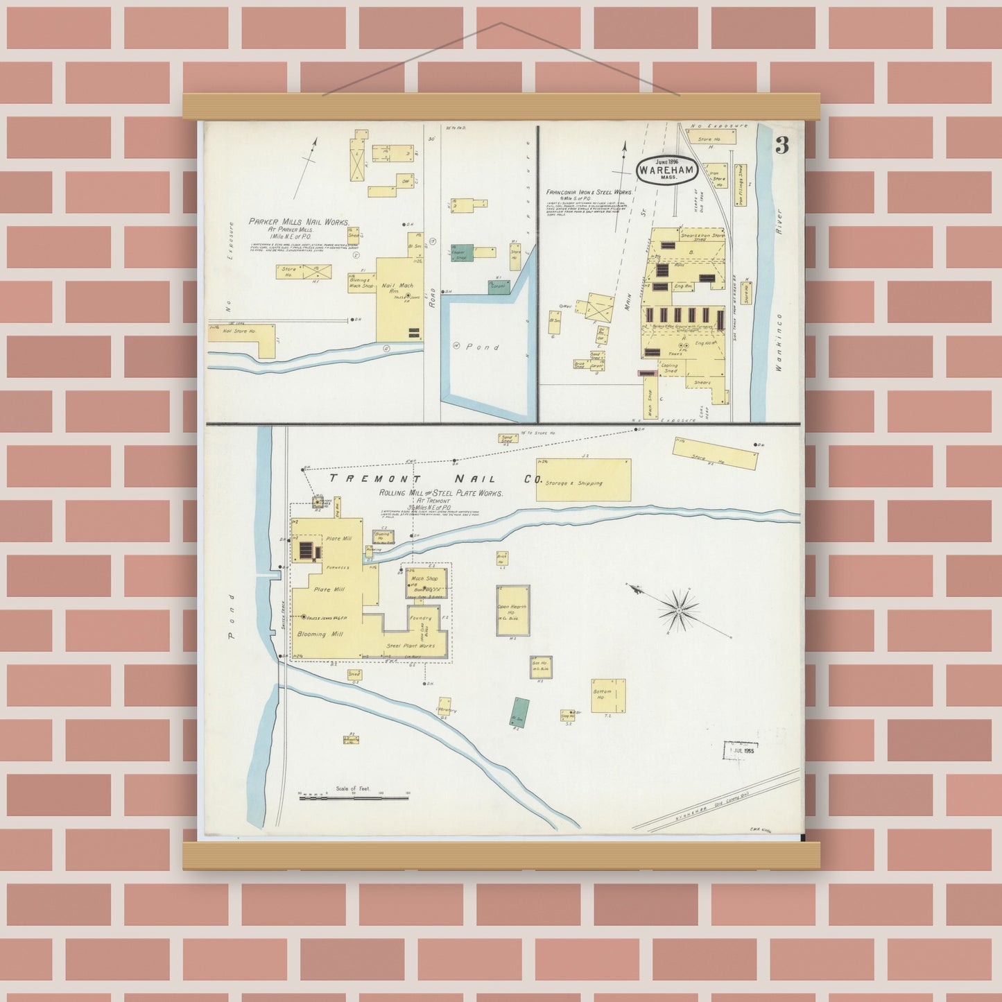 Old map wall art mockup — magnetic wood frame on brick wall — Sanborn Fire Insurance Map from Wareham, Plymouth County, Massachusetts (1896), Sheet #0003