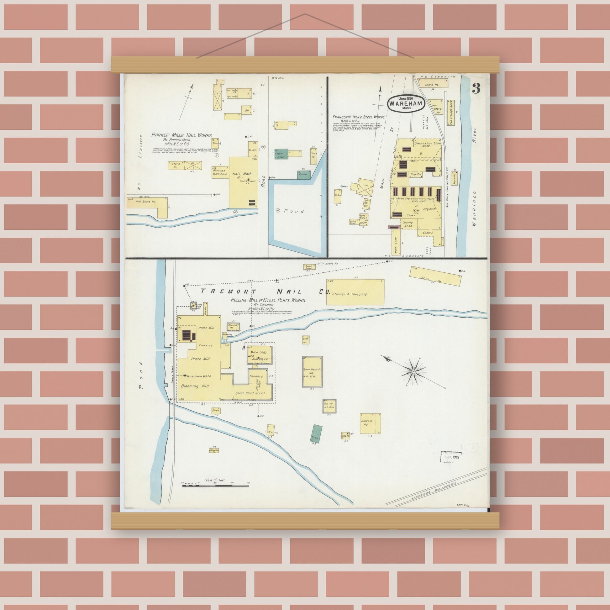 Old map wall art mockup — magnetic wood frame on brick wall — Sanborn Fire Insurance Map from Wareham, Plymouth County, Massachusetts (1896), Sheet #0003