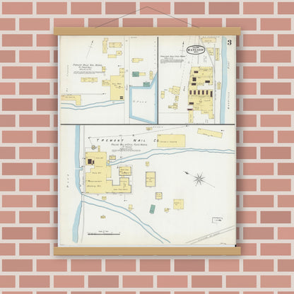 Old map wall art mockup — magnetic wood frame on brick wall — Sanborn Fire Insurance Map from Wareham, Plymouth County, Massachusetts (1896), Sheet #0003