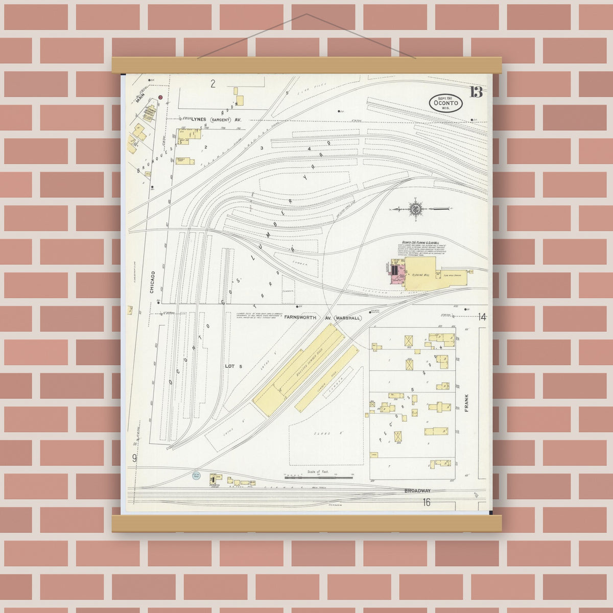 Old map wall art mockup — magnetic wood frame on brick wall — Sanborn Fire Insurance Map from Oconto, Oconto County, Wisconsin (1911), Sheet #0013