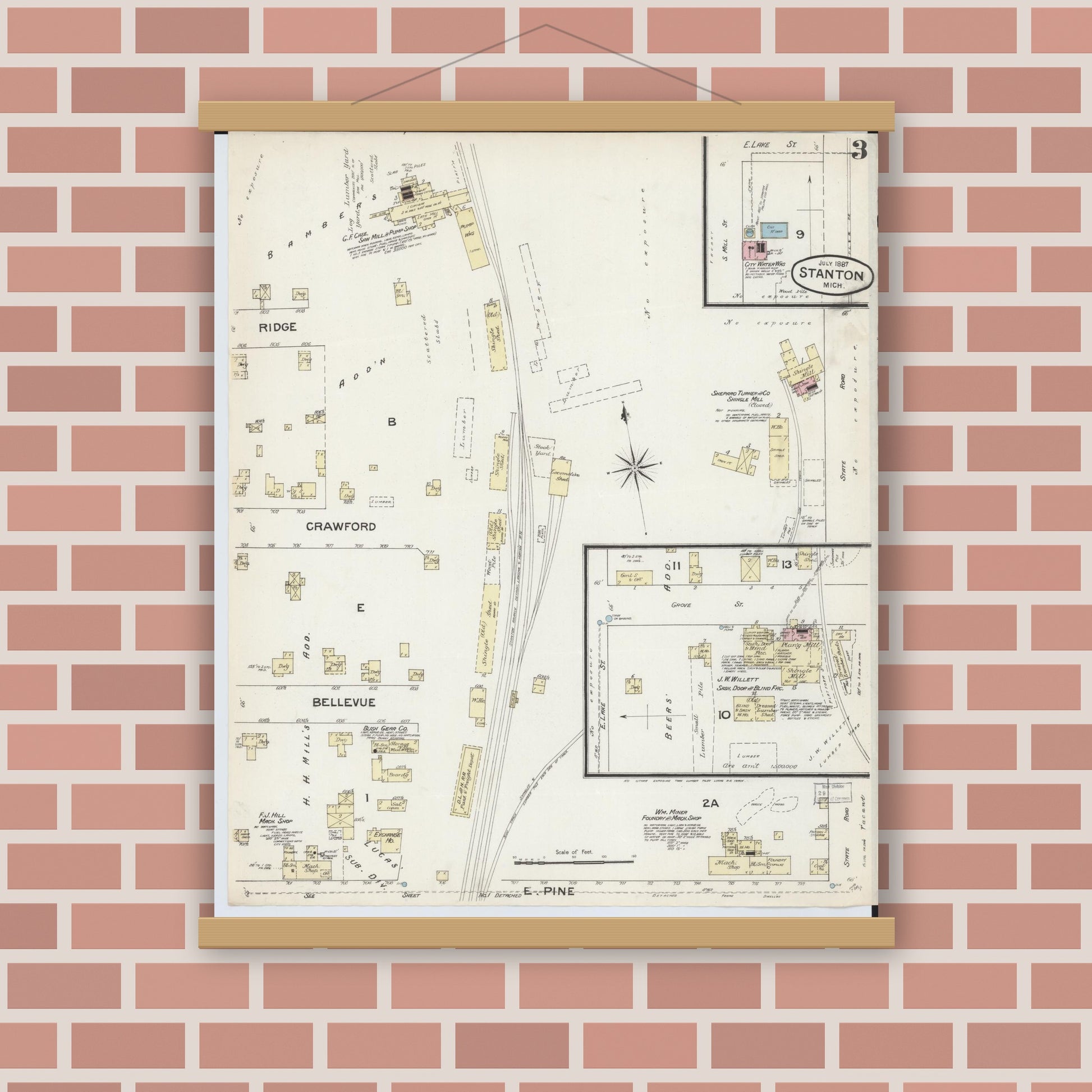 Old map wall art mockup — magnetic wood frame on brick wall — Sanborn Fire Insurance Map from Stanton, Montcalm County, Michigan (1887), Sheet #0003
