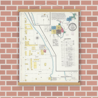 Old map wall art mockup — magnetic wood frame on brick wall — Sanborn Fire Insurance Map from Jackson, Jackson County, Minnesota (1907), Sheet #0001