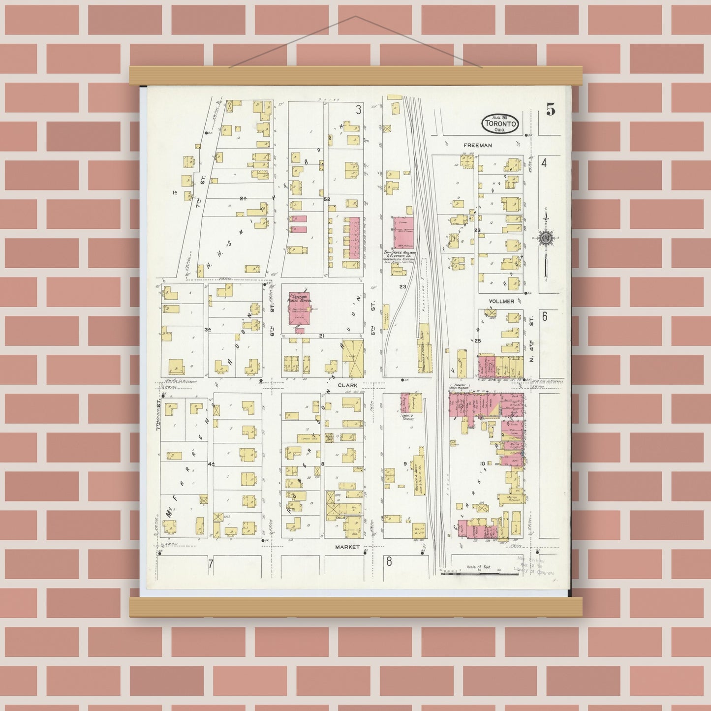 Old map wall art mockup — magnetic wood frame on brick wall — Sanborn Fire Insurance Map from Toronto, Jefferson County, Ohio (1911), Sheet #0005