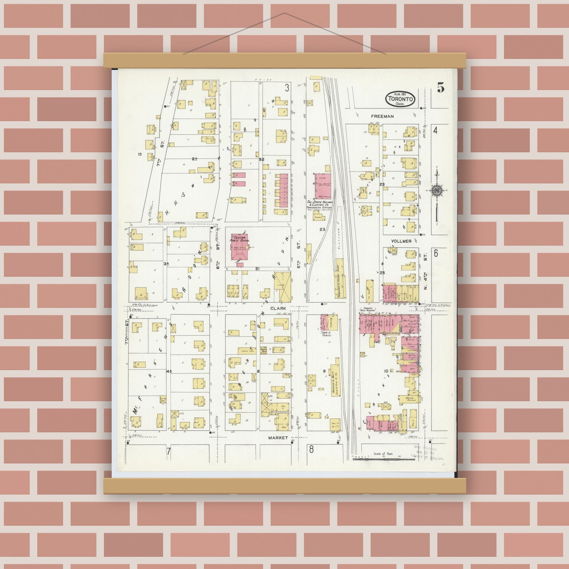 Old map wall art mockup — magnetic wood frame on brick wall — Sanborn Fire Insurance Map from Toronto, Jefferson County, Ohio (1911), Sheet #0005