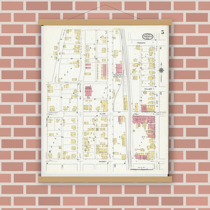 Old map wall art mockup — magnetic wood frame on brick wall — Sanborn Fire Insurance Map from Toronto, Jefferson County, Ohio (1911), Sheet #0005