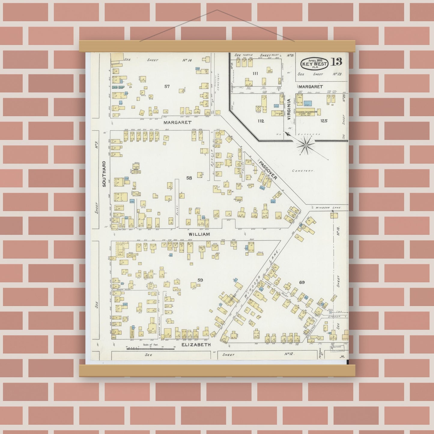 Old map wall art mockup — magnetic wood frame on brick wall — Sanborn Fire Insurance Map from Key West, Monroe County, Florida (1892), Sheet #0013