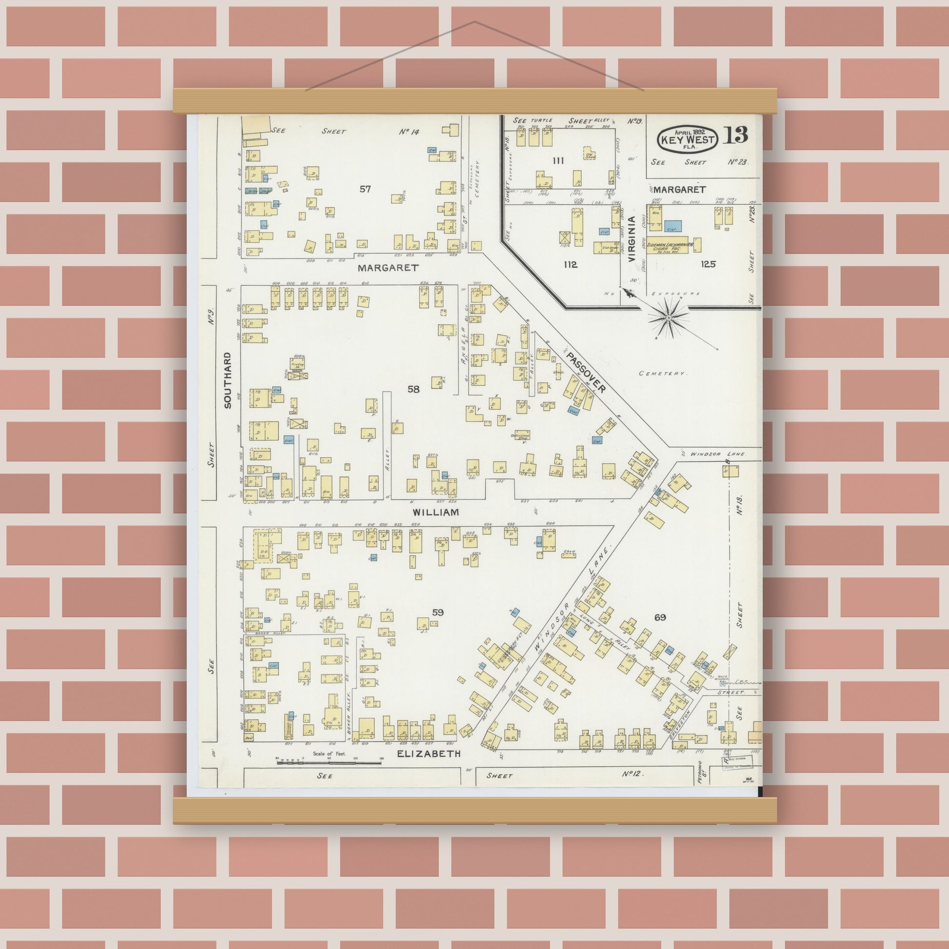 Old map wall art mockup — magnetic wood frame on brick wall — Sanborn Fire Insurance Map from Key West, Monroe County, Florida (1892), Sheet #0013