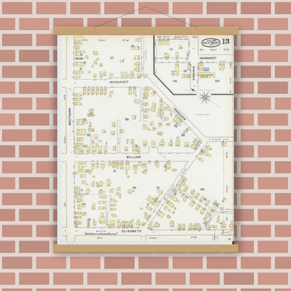 Old map wall art mockup — magnetic wood frame on brick wall — Sanborn Fire Insurance Map from Key West, Monroe County, Florida (1892), Sheet #0013