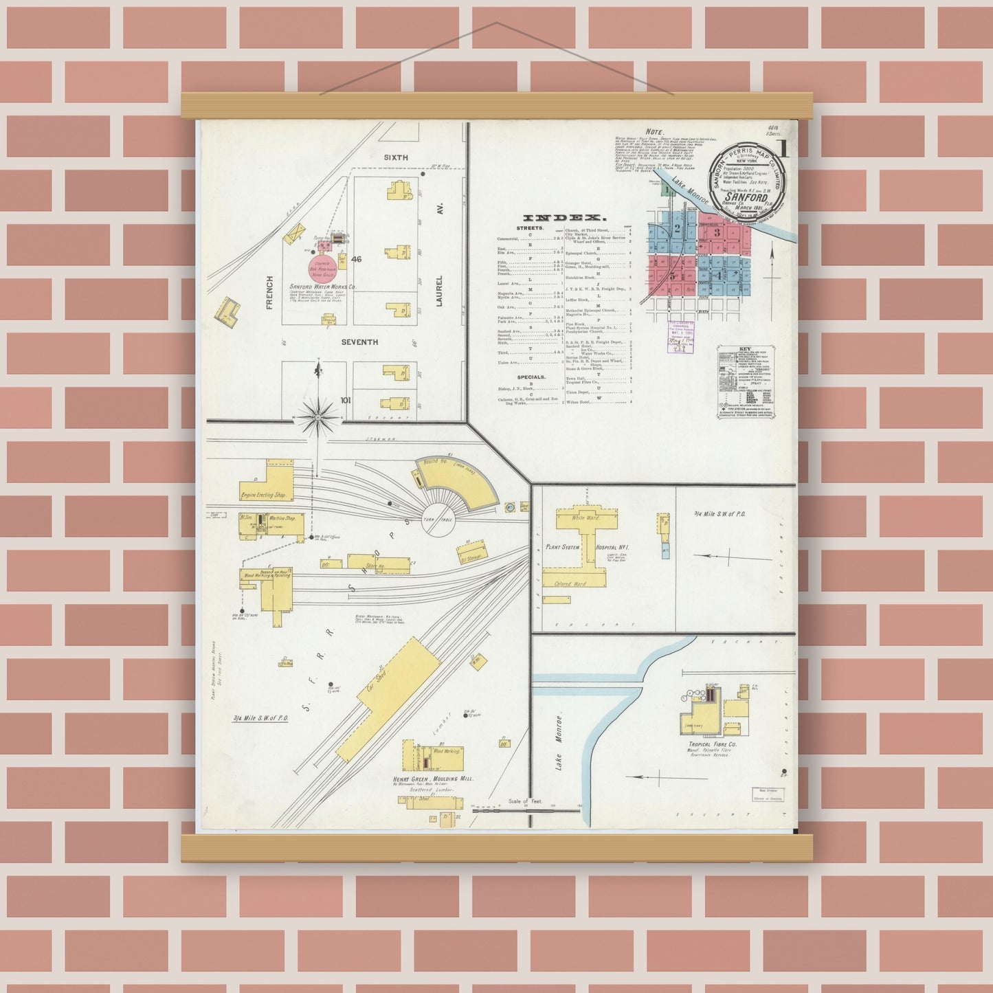 Old map wall art mockup — magnetic wood frame on brick wall — Sanborn Fire Insurance Map from Sanford, Seminole County, Florida (1901) - Complete Map Set