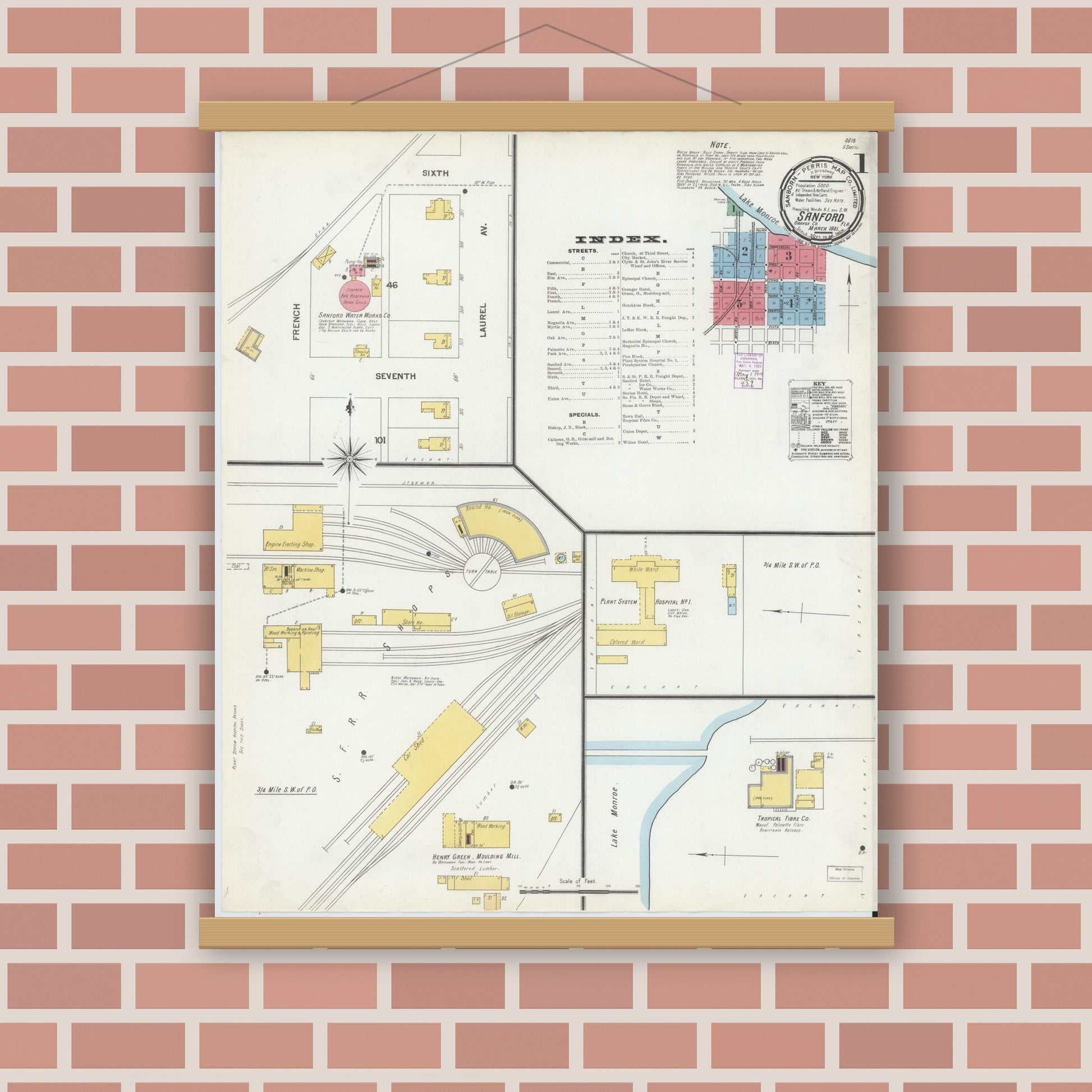 Old map wall art mockup — magnetic wood frame on brick wall — Sanborn Fire Insurance Map from Sanford, Seminole County, Florida (1901) - Complete Map Set