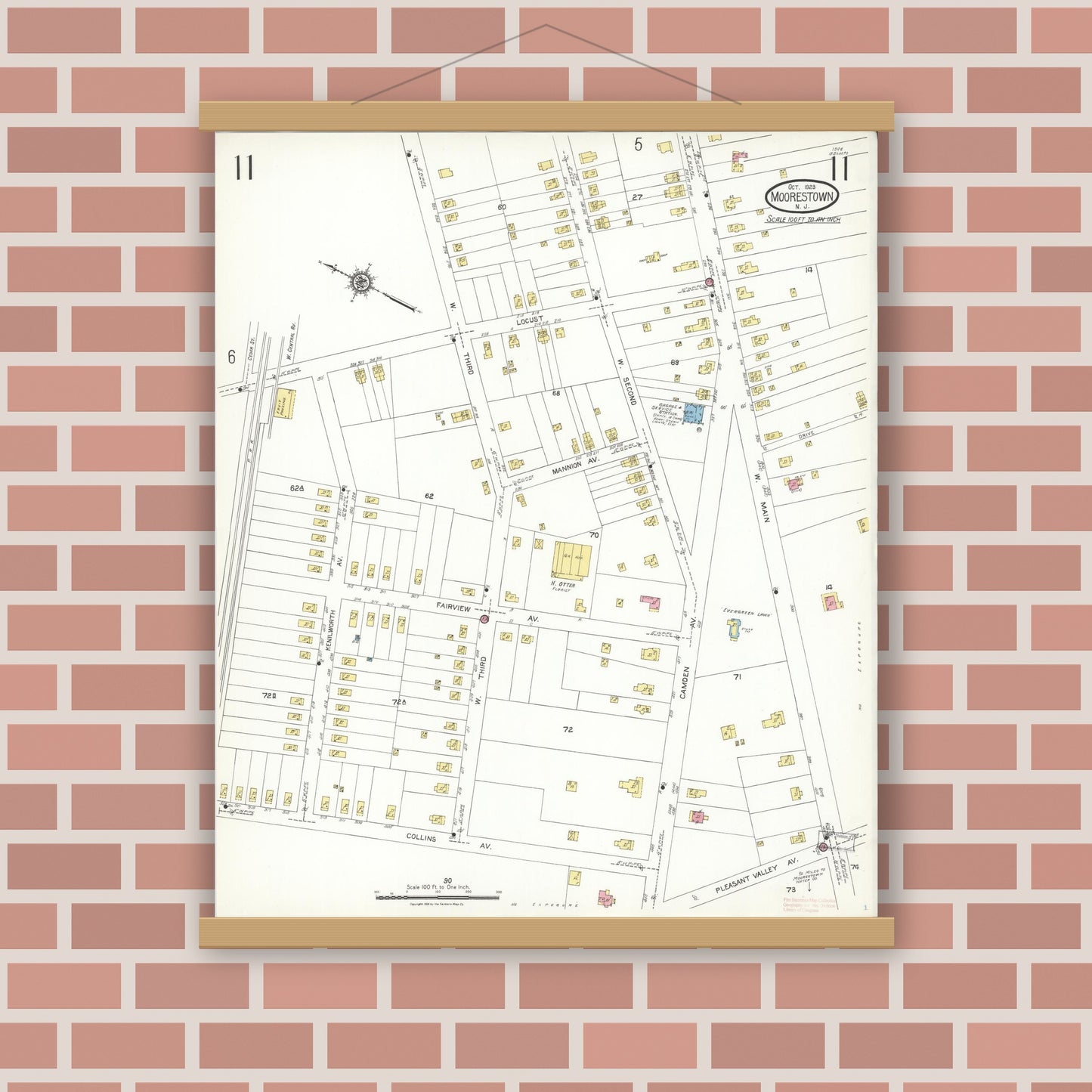 Old map wall art mockup — magnetic wood frame on brick wall — Sanborn Fire Insurance Map from Moorestown, Burlington County, New Jersey (1923), Sheet #0011