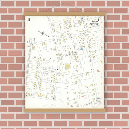 Old map wall art mockup — magnetic wood frame on brick wall — Sanborn Fire Insurance Map from Moorestown, Burlington County, New Jersey (1923), Sheet #0011