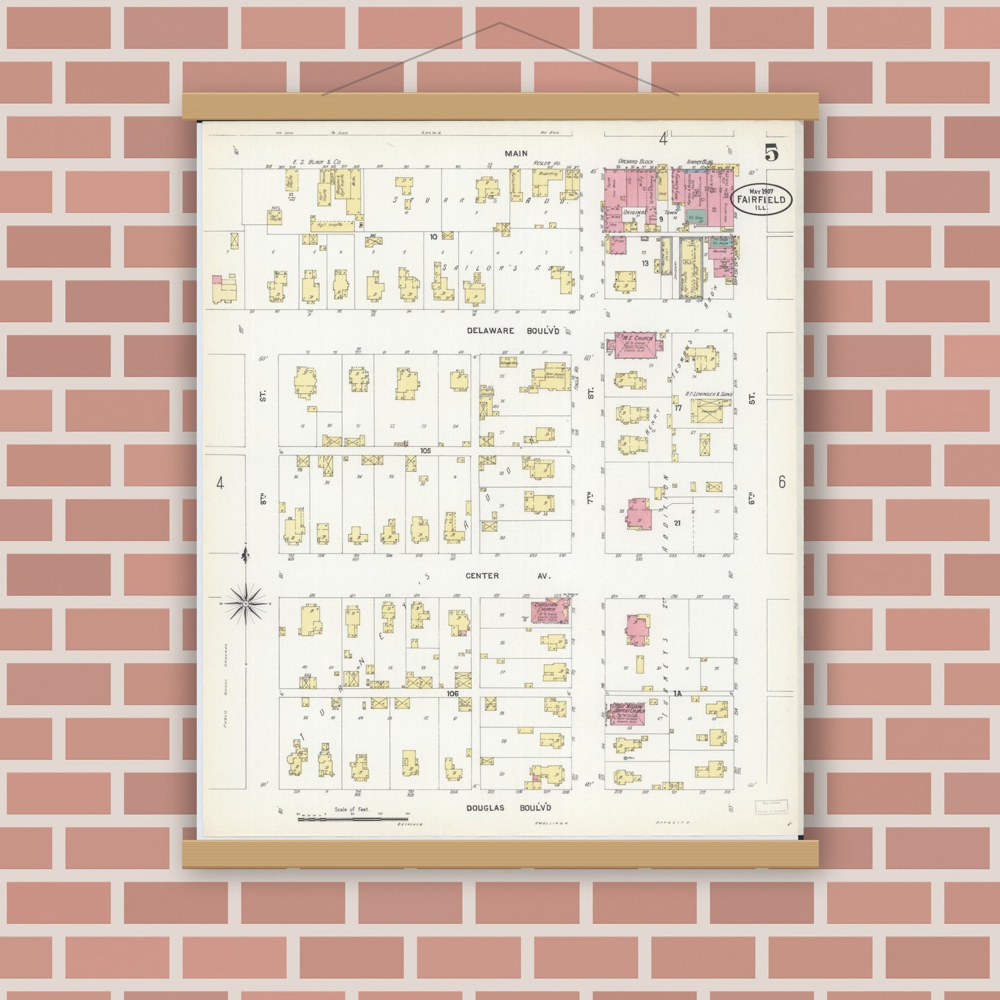 Old map wall art mockup — magnetic wood frame on brick wall — Sanborn Fire Insurance Map from Fairfield, Wayne County, Illinois (1907), Sheet #0005