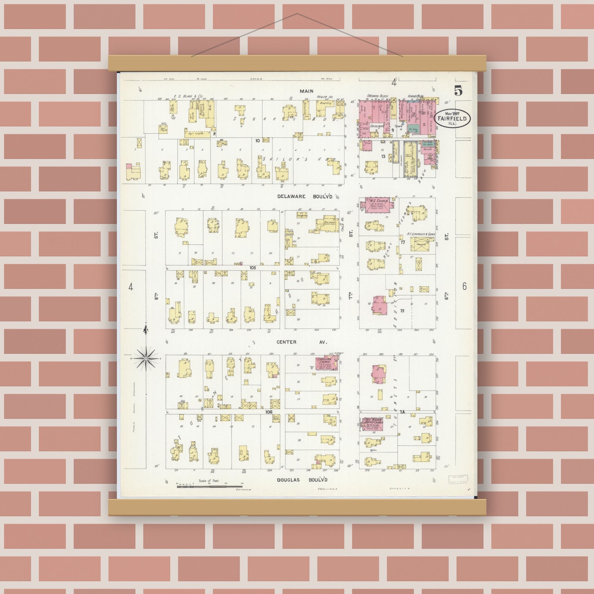Old map wall art mockup — magnetic wood frame on brick wall — Sanborn Fire Insurance Map from Fairfield, Wayne County, Illinois (1907), Sheet #0005