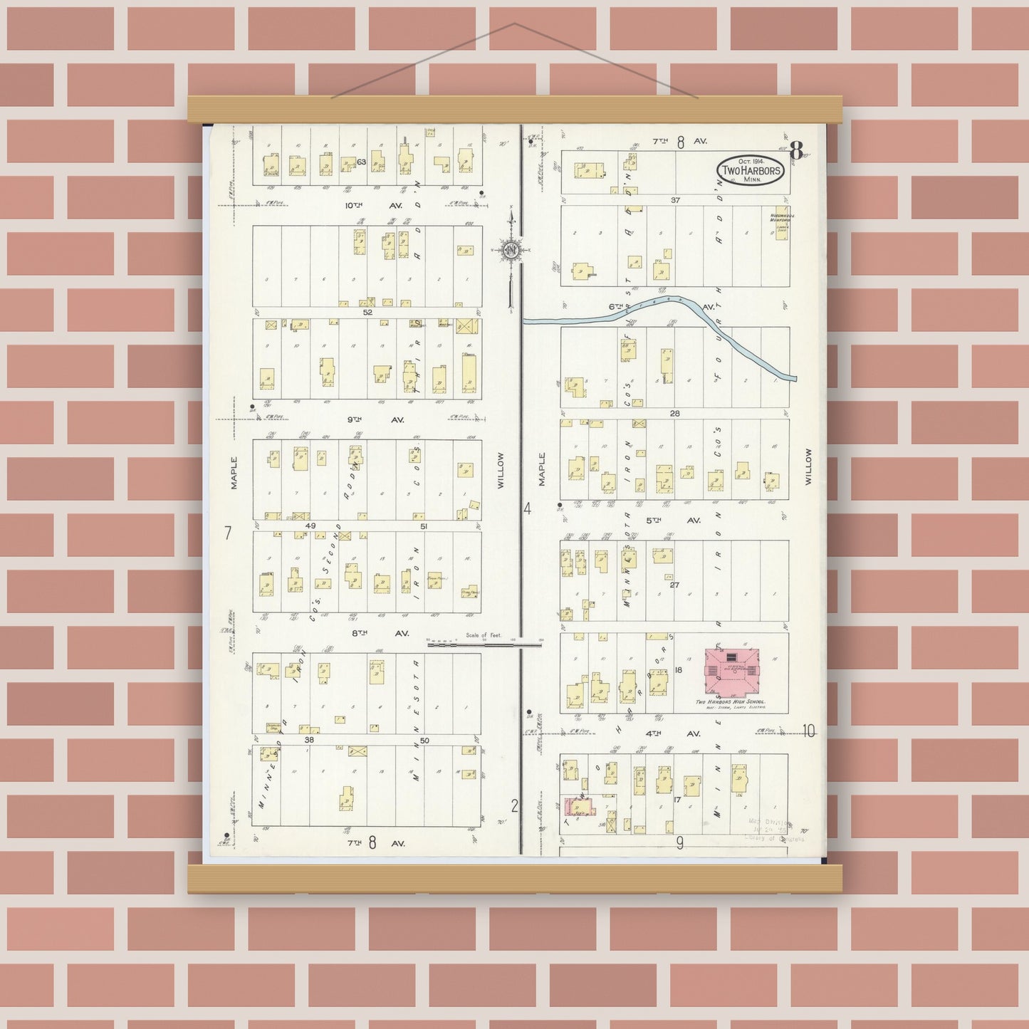 Old map wall art mockup — magnetic wood frame on brick wall — Sanborn Fire Insurance Map from Two Harbors, Lake County, Minnesota (1914), Sheet #0008