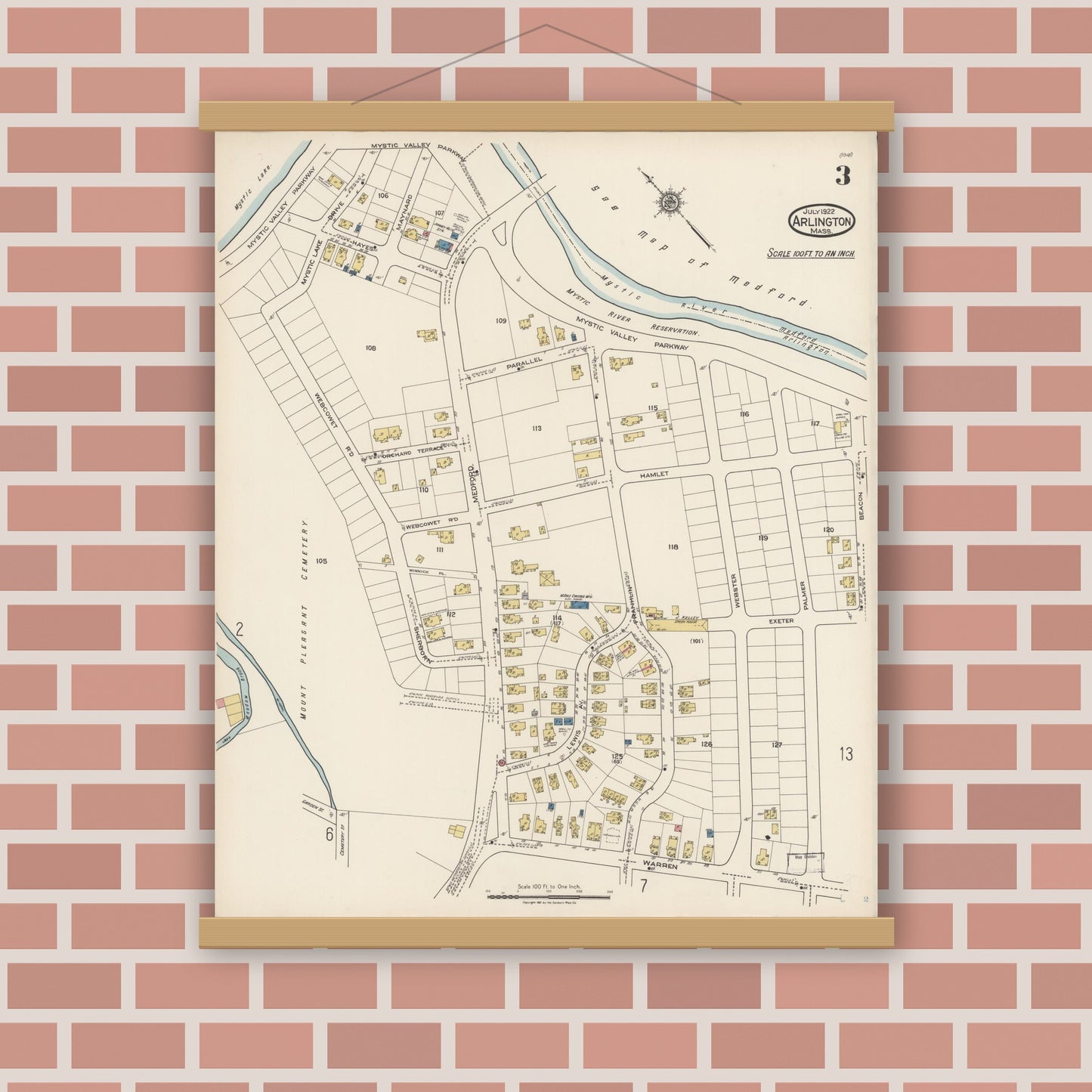 Old map wall art mockup — magnetic wood frame on brick wall — Sanborn Fire Insurance Map from Arlington, Middlesex County, Massachusetts (1922), Sheet #0003