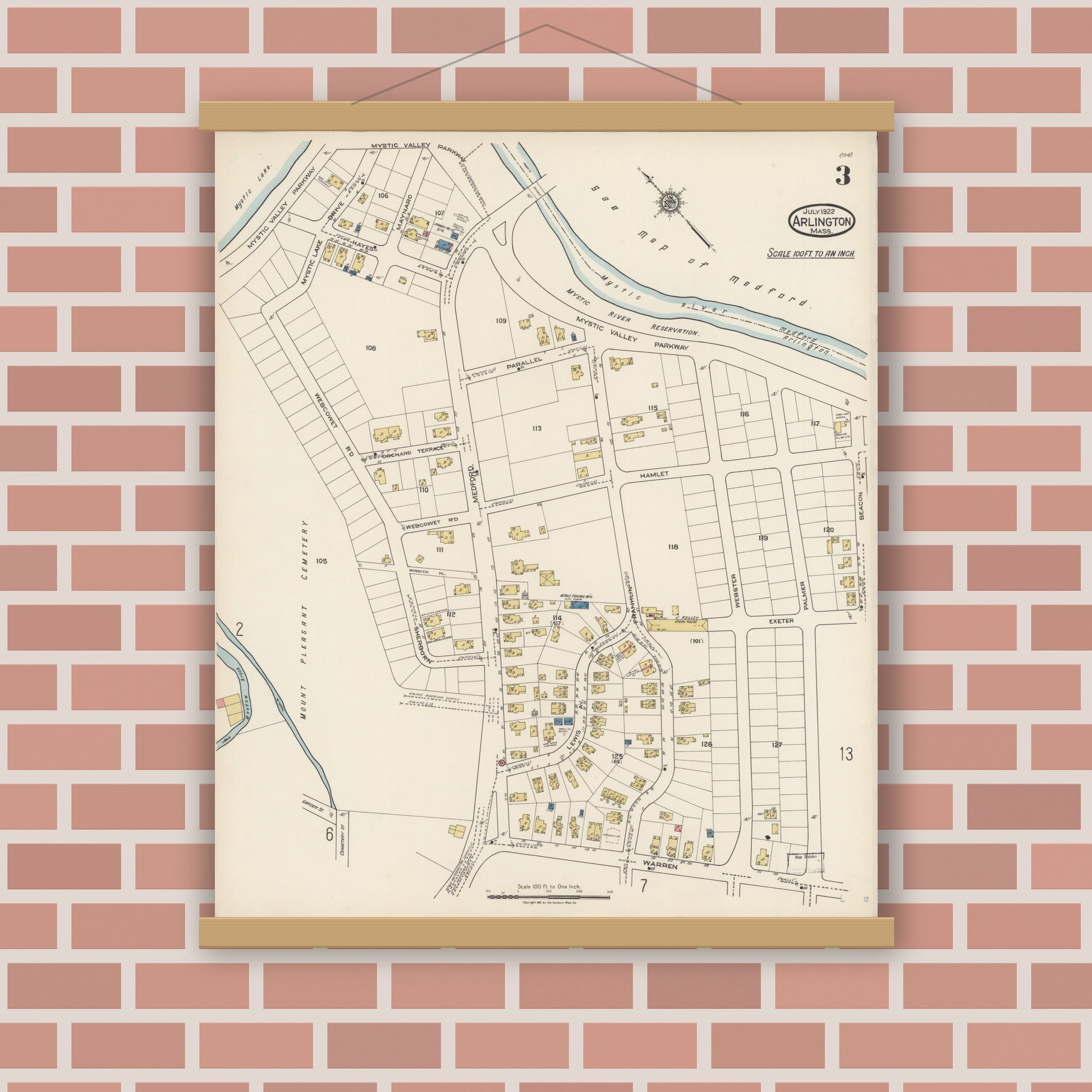 Old map wall art mockup — magnetic wood frame on brick wall — Sanborn Fire Insurance Map from Arlington, Middlesex County, Massachusetts (1922), Sheet #0003