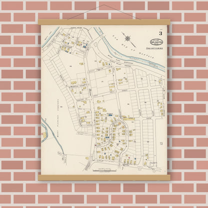 Old map wall art mockup — magnetic wood frame on brick wall — Sanborn Fire Insurance Map from Arlington, Middlesex County, Massachusetts (1922), Sheet #0003