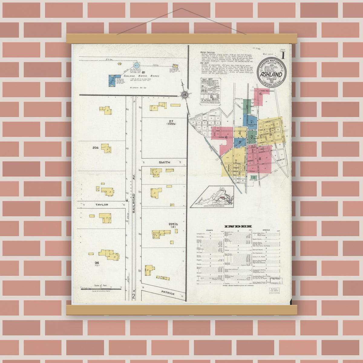 Old map wall art mockup — magnetic wood frame on brick wall — Sanborn Fire Insurance Map from Ashland, Hanover County, Virginia (1921) - Complete Map Set