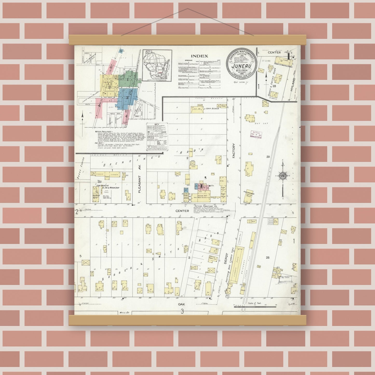 Old map wall art mockup — magnetic wood frame on brick wall — Sanborn Fire Insurance Map from Juneau, Dodge County, Wisconsin (1914) - Complete Map Set