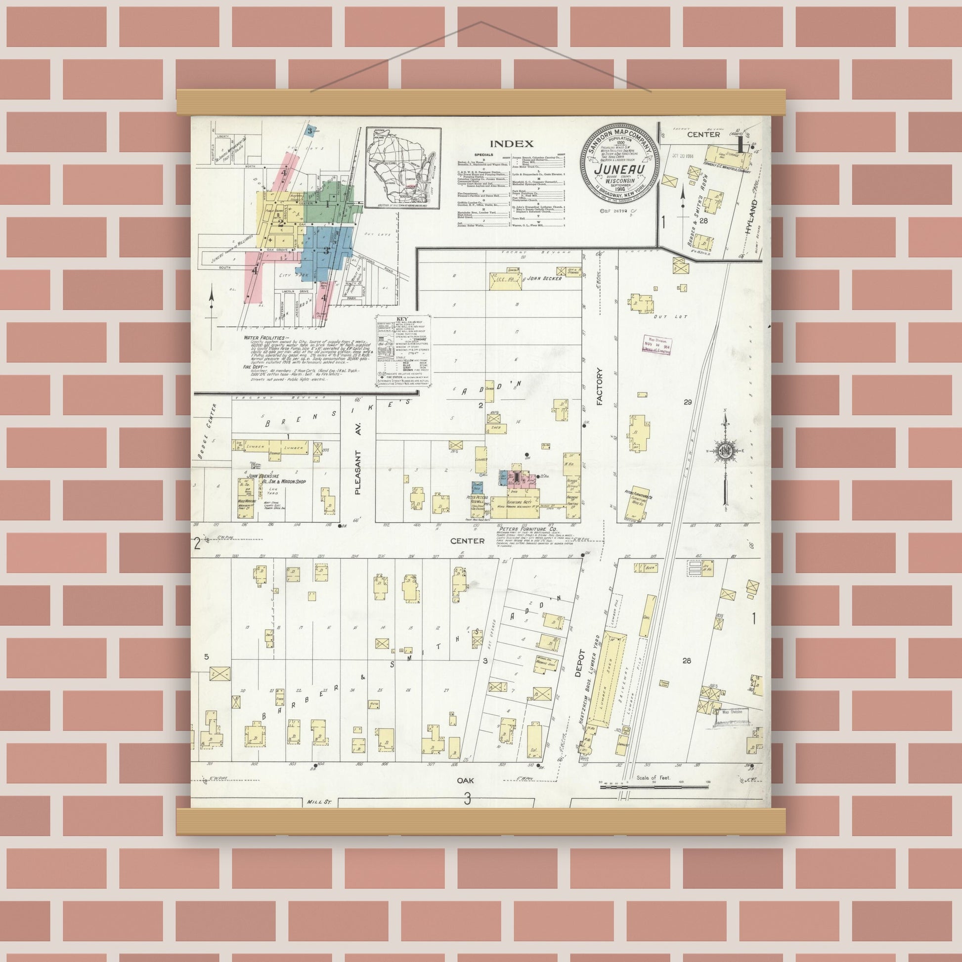 Old map wall art mockup — magnetic wood frame on brick wall — Sanborn Fire Insurance Map from Juneau, Dodge County, Wisconsin (1914) - Complete Map Set