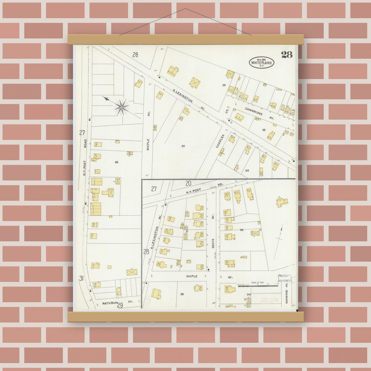 Old map wall art mockup — magnetic wood frame on brick wall — Sanborn Fire Insurance Map from White Plains, Westchester County, New York (1905), Sheet #0028