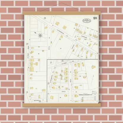 Old map wall art mockup — magnetic wood frame on brick wall — Sanborn Fire Insurance Map from White Plains, Westchester County, New York (1905), Sheet #0028