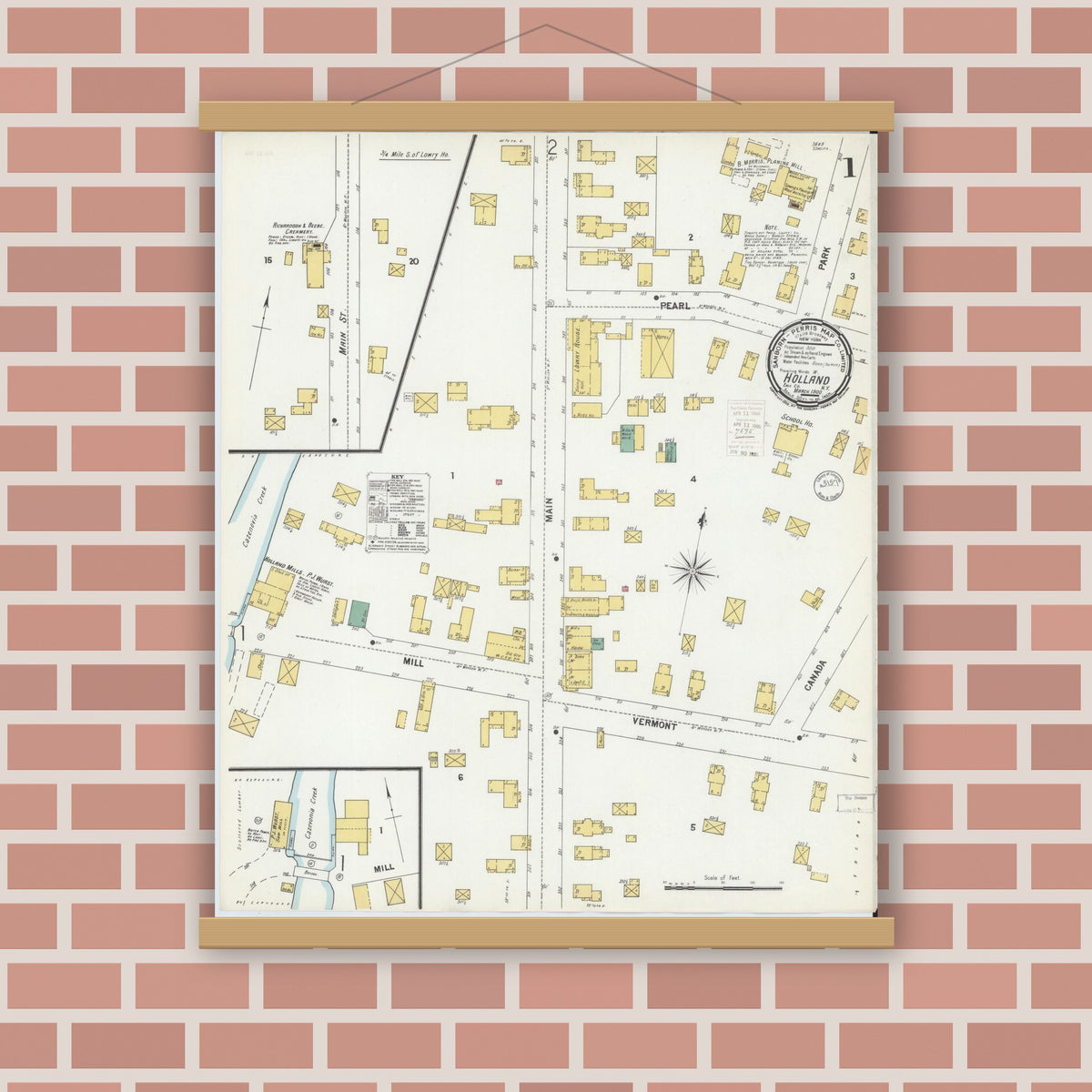 Old map wall art mockup — magnetic wood frame on brick wall — Sanborn Fire Insurance Map from Holland, Erie County, New York (1900), Sheet #0001