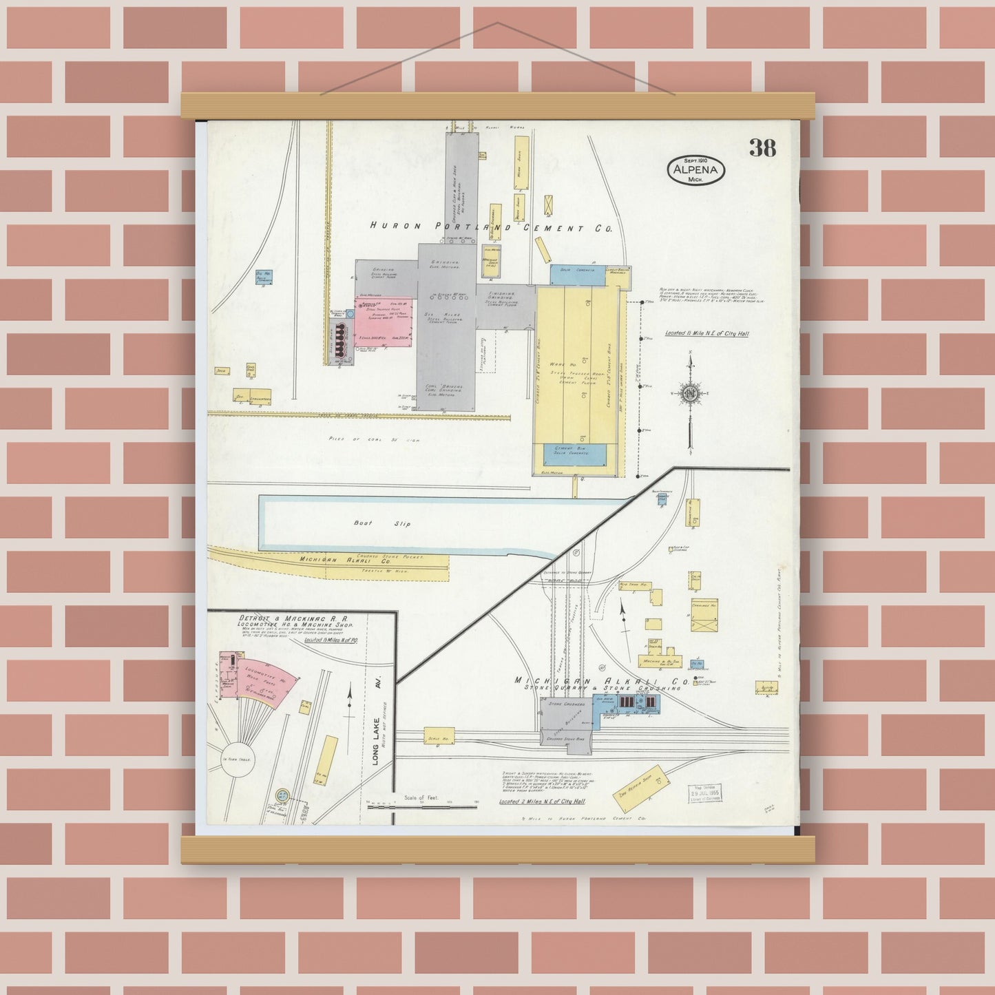 Old map wall art mockup — magnetic wood frame on brick wall — Sanborn Fire Insurance Map from Alpena, Alpena County, Michigan (1910), Sheet #0038