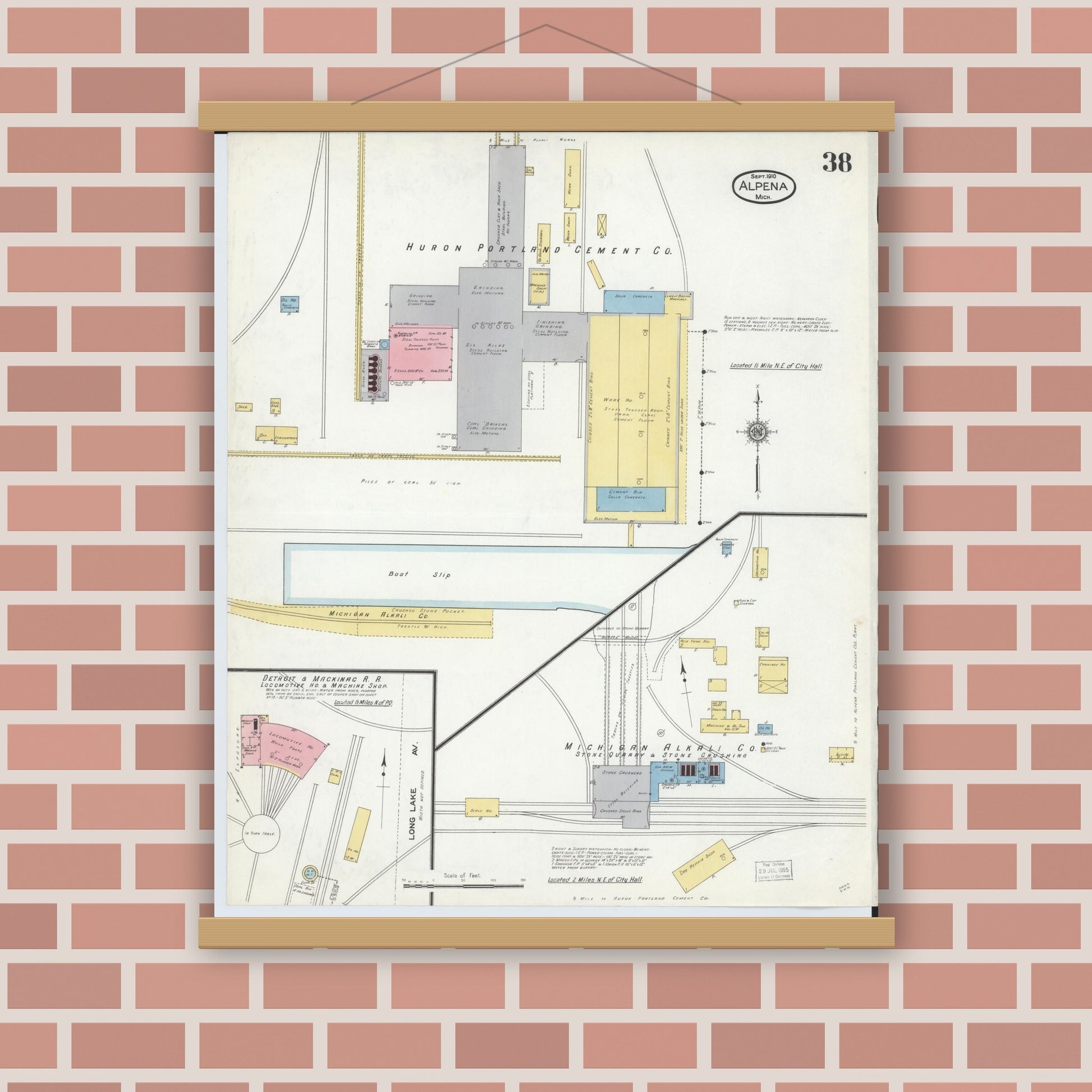 Old map wall art mockup — magnetic wood frame on brick wall — Sanborn Fire Insurance Map from Alpena, Alpena County, Michigan (1910), Sheet #0038