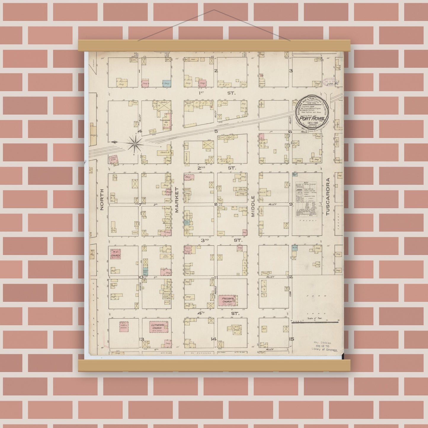 Old map wall art mockup — magnetic wood frame on brick wall — Sanborn Fire Insurance Map from Port Royal, Juniata County, Pennsylvania (1885), Sheet #0001