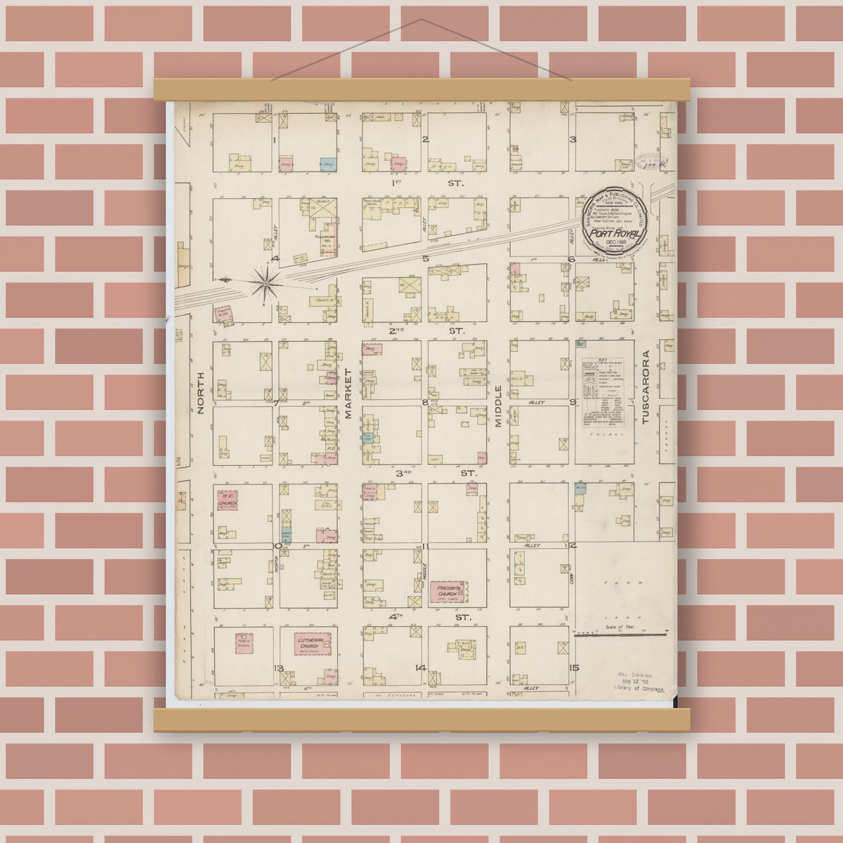 Old map wall art mockup — magnetic wood frame on brick wall — Sanborn Fire Insurance Map from Port Royal, Juniata County, Pennsylvania (1885), Sheet #0001