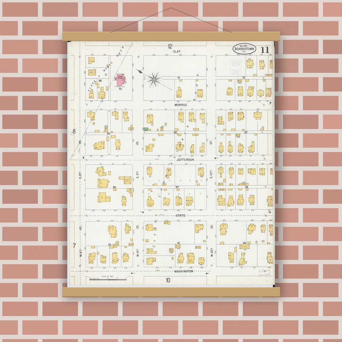Old map wall art mockup — magnetic wood frame on brick wall — Sanborn Fire Insurance Map from Beardstown, Cass County, Illinois (1900), Sheet #0011
