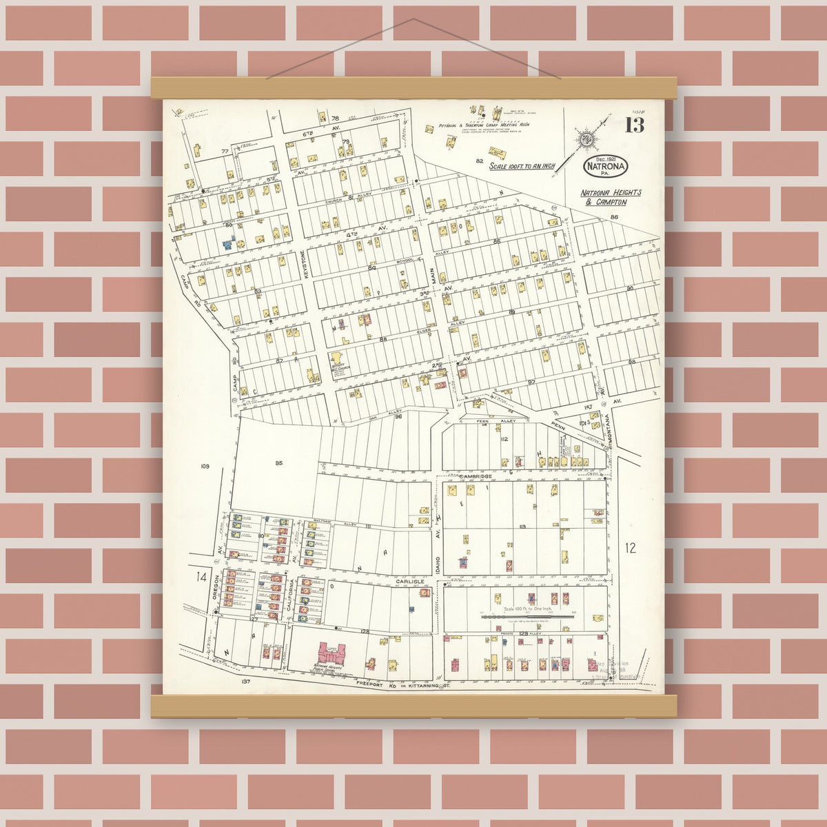 Old map wall art mockup — magnetic wood frame on brick wall — Sanborn Fire Insurance Map from Natrona, Allegheny County, Pennsylvania (1921), Sheet #0013