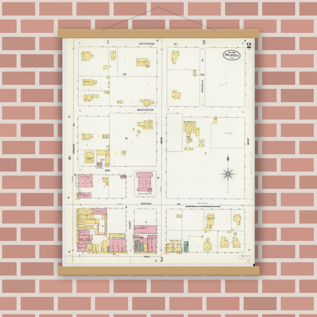 Old map wall art mockup — magnetic wood frame on brick wall — Sanborn Fire Insurance Map from Orlando, Orange County, Florida (1903), Sheet #0002