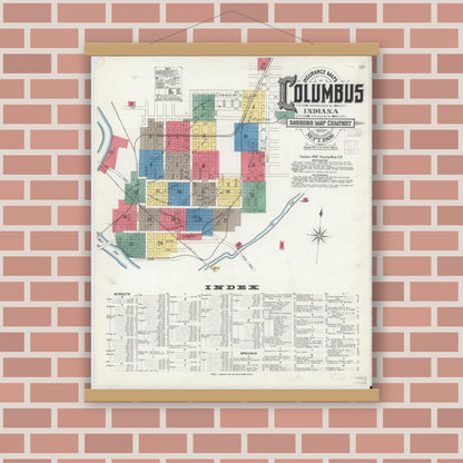 Old map wall art mockup — magnetic wood frame on brick wall — Sanborn Fire Insurance Map from Columbus, Bartholomew County, Indiana (1906) - Complete Map Set