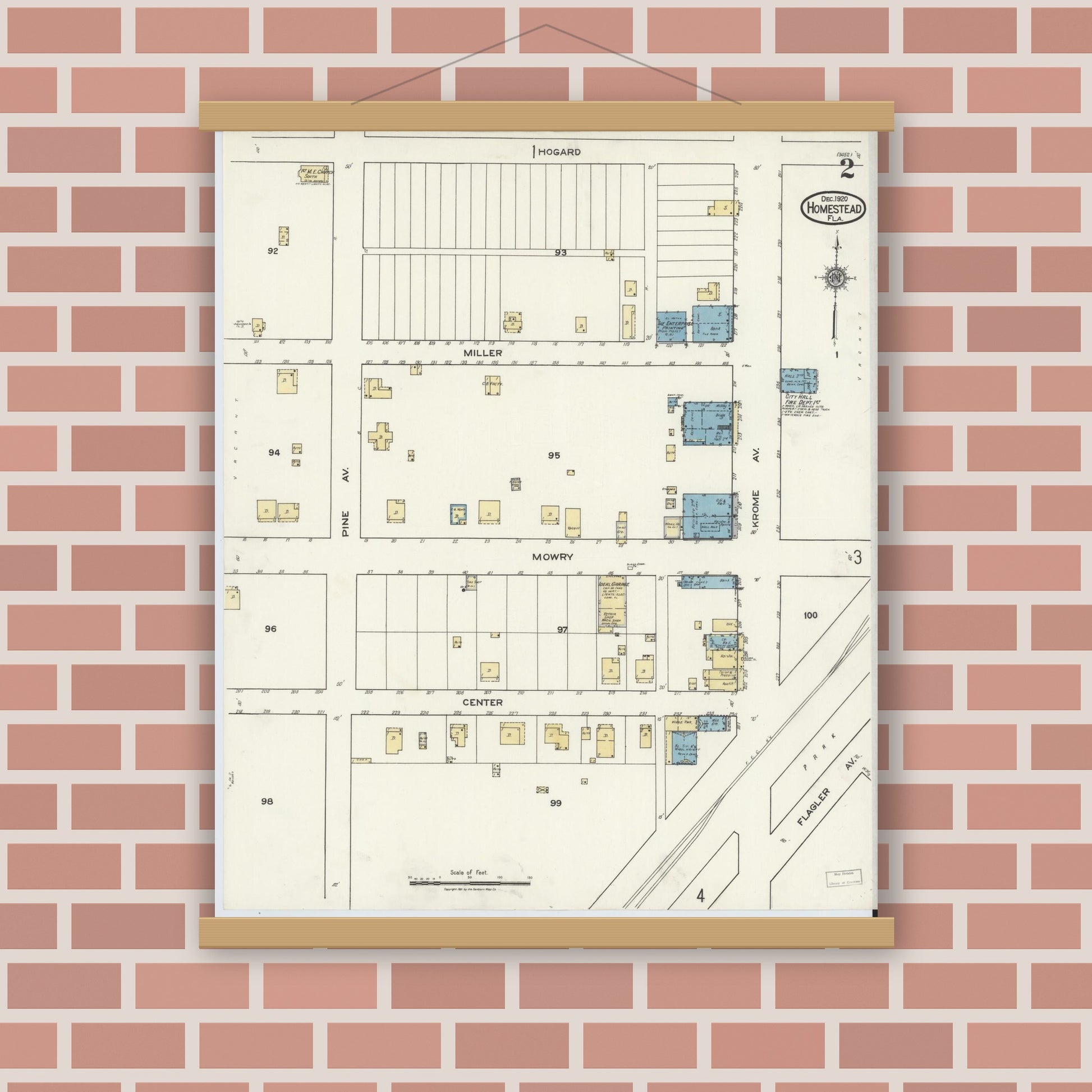 Old map wall art mockup — magnetic wood frame on brick wall — Sanborn Fire Insurance Map from Holmestead, Dade County, Florida (1920), Sheet #0002