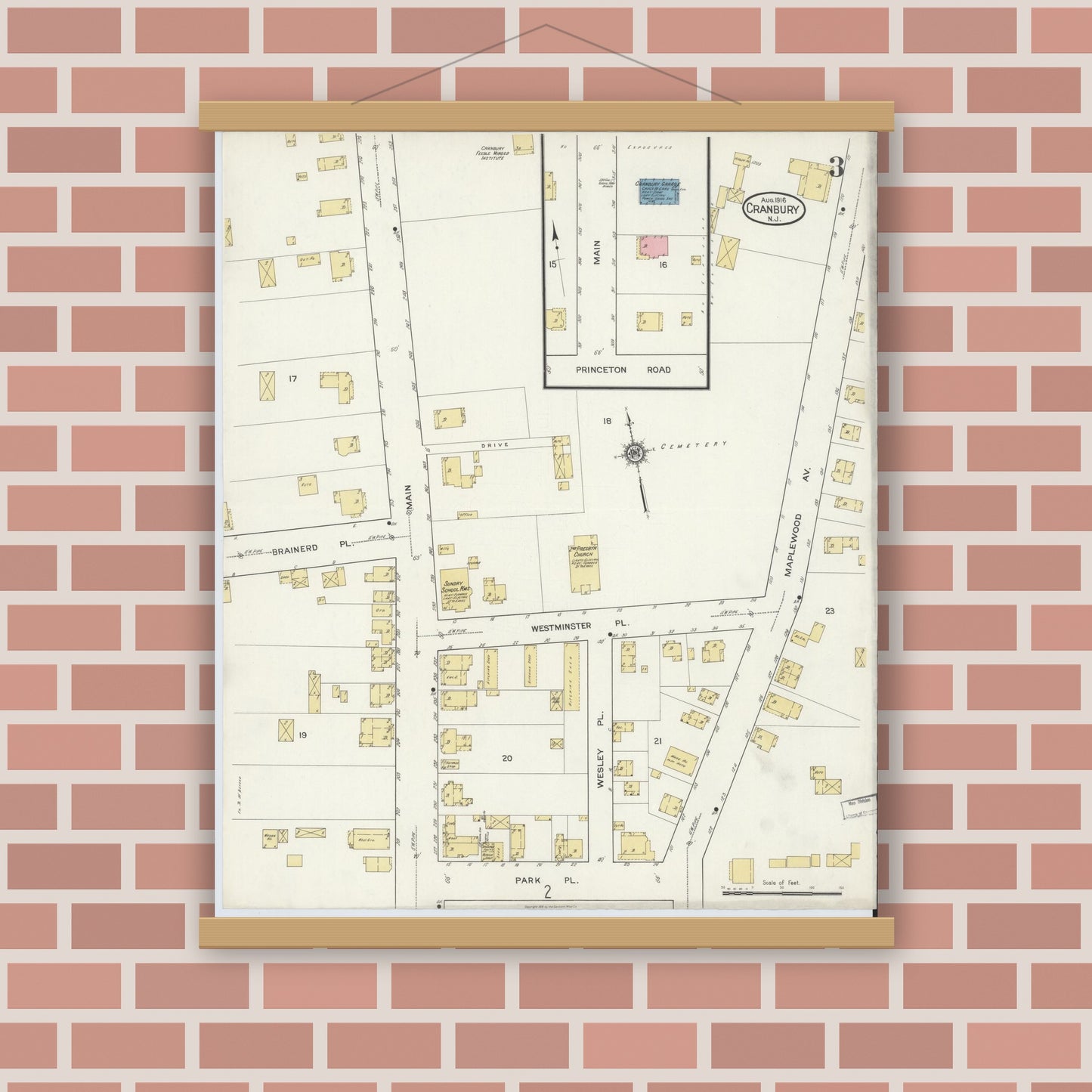 Old map wall art mockup — magnetic wood frame on brick wall — Sanborn Fire Insurance Map from Cranbury, Middlesex County, New Jersey (1916), Sheet #0003